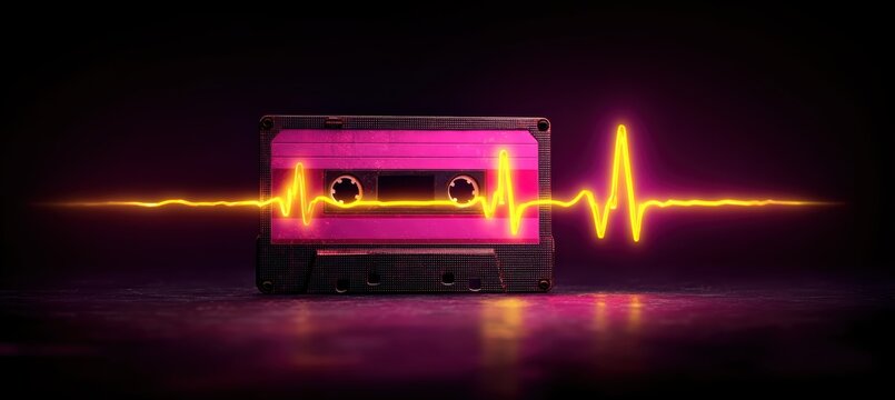 cassette tape trail pulsing with light and faint reel hint in deep dark