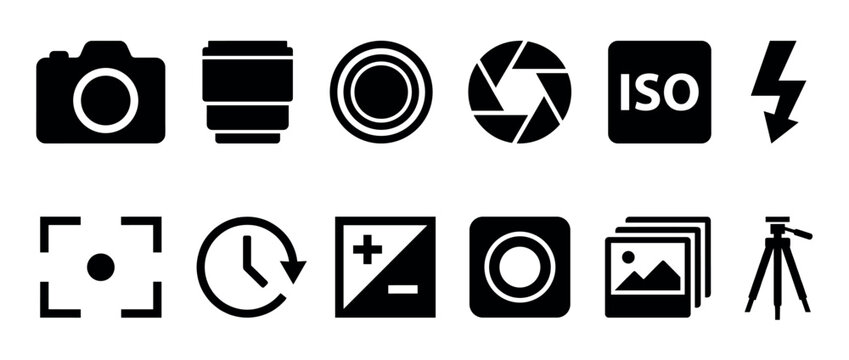 Photography camera icons set with essential symbols representing various functions and equipment for digital and analog picture taking.