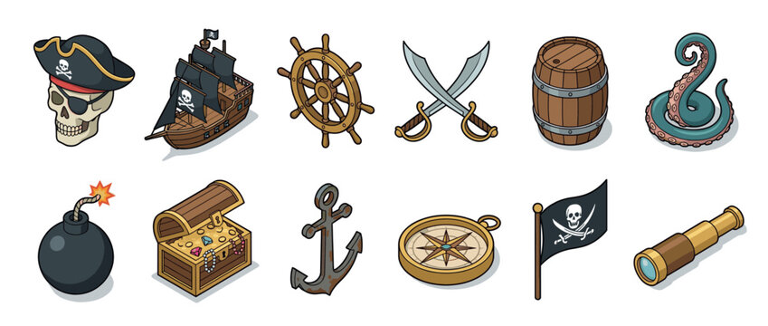 Pirate icons collection featuring a skull, ship, wheel, swords, barrel, tentacle, bomb, treasure chest, anchor, compass, flag, and telescope in isometric style.
