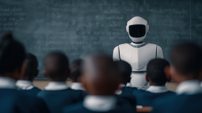 A humanoid robot stands in front of a chalkboard teaching a classroom of students, symbolizing futuristic education and AI integration.