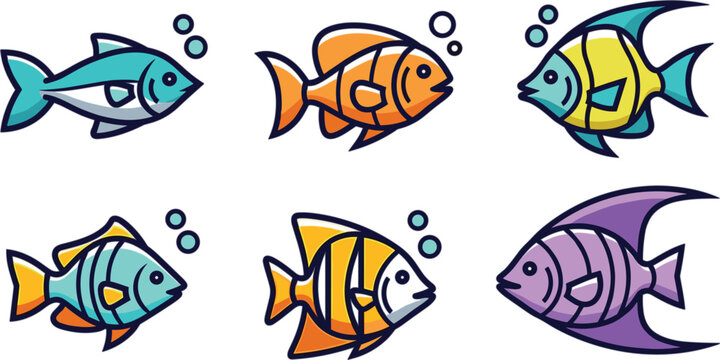 Colorful tropical sea fish vector icon set with cute cartoon aquatic animals under water for ocean life designs,