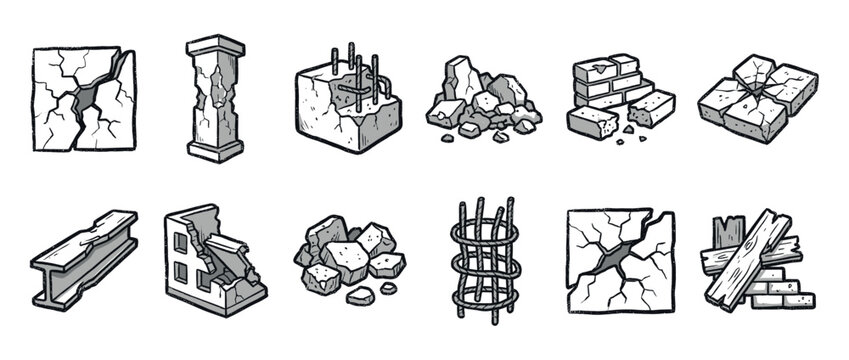 Collection of various broken construction materials, concrete rubble, damaged bricks, and metal rebar elements in a hand-drawn cartoon style.