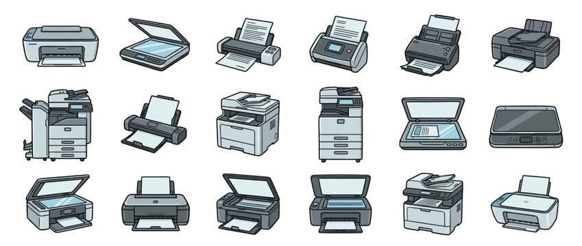 Printers, scanners, copiers, and fax machines office equipment collection vector illustration depicting various modern and classic devices for document processing.