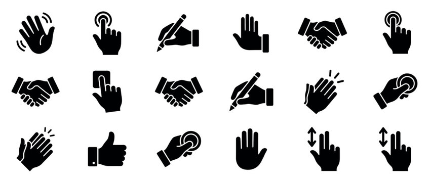 Hand gestures icon set featuring various human interactions and digital interface commands for user experience design.