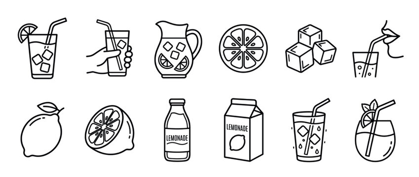 Lemonade drink icons, fresh citrus beverage elements, and refreshing summer refreshment symbols for graphic design and web projects.