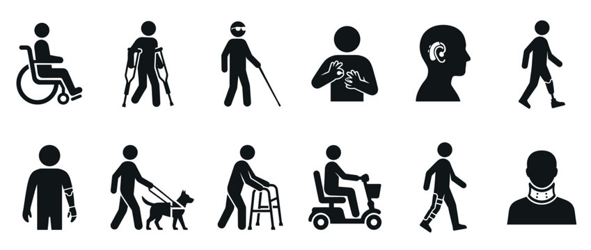 Collection of disability icons and accessibility symbols depicting people using various assistive devices and support tools.