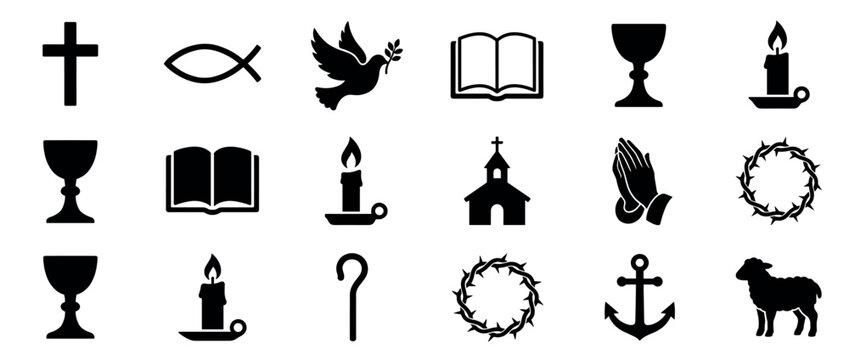 Christian symbols collection, religious icons, spiritual emblems representing faith and worship in a set.