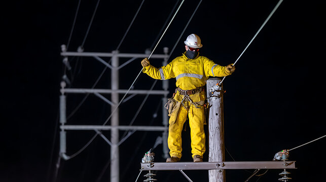 Utility worker in protective gear stands on a power pole at night, performing maintenance on electrical lines with dramatic backlighting