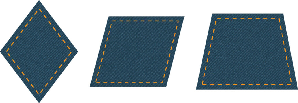 Set of blue denim patches rhombus parallelogram trapezoid. Different shapes with place for your text isolated.