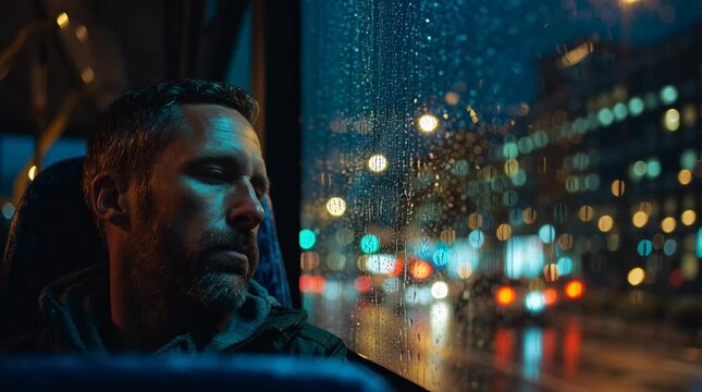 Man sitting alone on bus at night with rain on window, cinematic urban commute scene expressing solitude, reflection and quiet emotional atmosphere