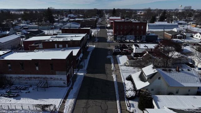 Winter flyover downtown Arcadia, Indiana, in Hamilton County.