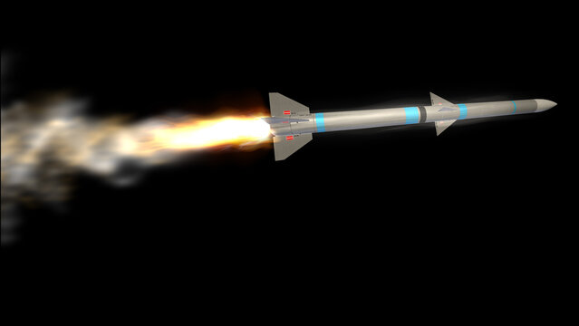 Military missile flying in the sky with fire and smoke hypersonic supersonic ballistic cruise missile 3d render