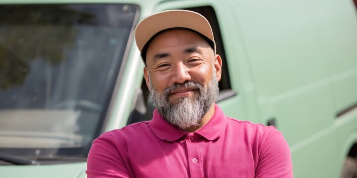 Smiling asian male mature delivery driver in pink polo and cap standing by a mint green van outdoors with beard and friendly expression