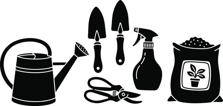 Gardening tools and equipment silhouette collection with watering can with pruning shears