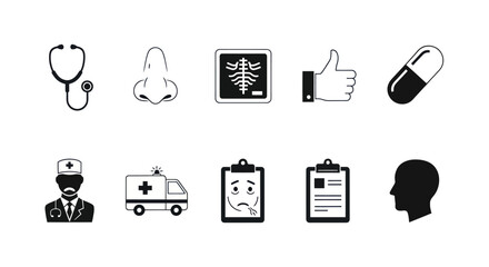 Fototapeta premium Medical Icons Set: Stethoscope, X-ray, Doctor, Ambulance, Pill, Face