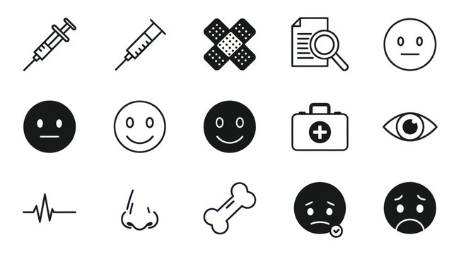 Medical Icons Set: Syringe, Bandage, Face Emoticons, First Aid Kit, Eye, Heartbeat, Nose, Bone