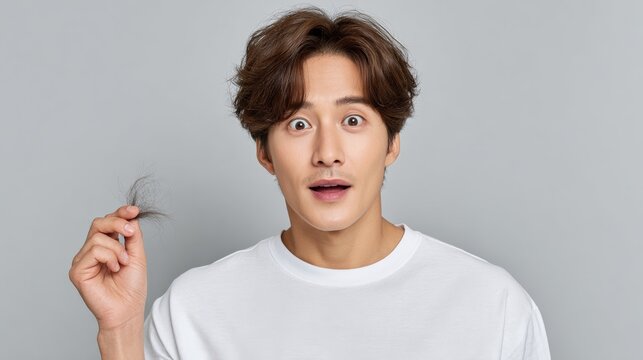 Young man with surprised expression holds single strand of hair. He wears white t-shirt against plain gray background. Image captures moment of shock or concern about hair loss