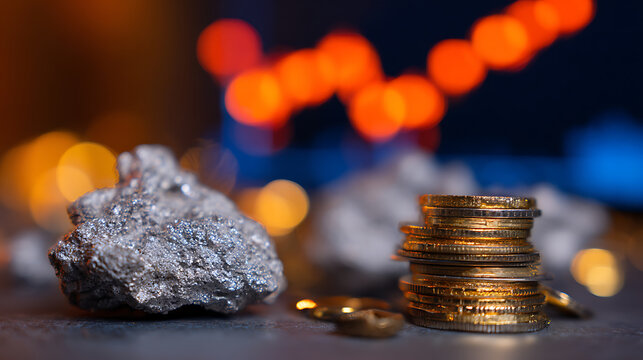 Raw Silver Ore Nugget and Stacked Gold Coins with Blurred Investment Chart Background Showcasing Financial Growth and Resource Value