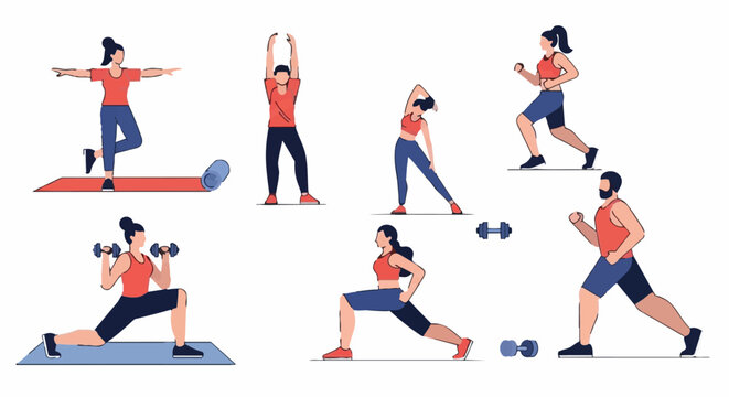 Diverse Group Exercising - Yoga, Stretching, Lunges, and Cardio.