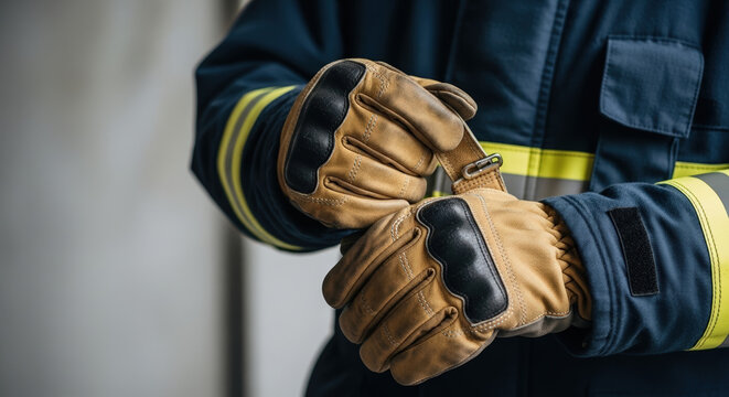 Firefighter adjusting protective gloves demonstrating readiness for action in uniform for International Firefighters' Day celebration