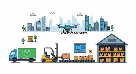Fototapeta premium Logistics and Delivery Illustration with Truck, Forklift, Drone, and Warehouse.