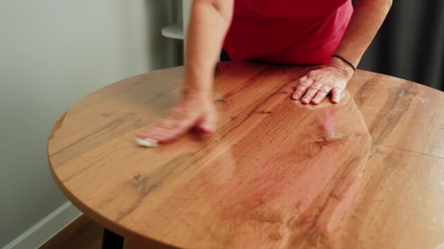 A person wipes a wooden table with a cloth in a home setting