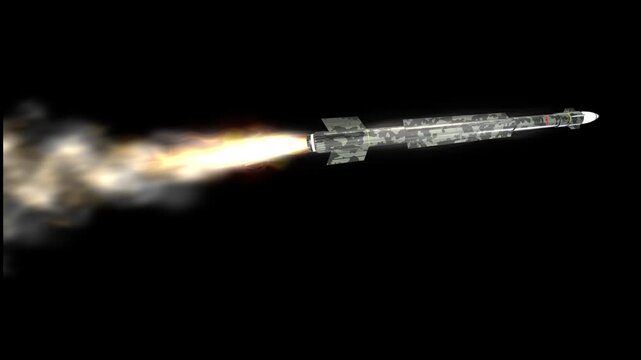 Military missile flying in the sky with fire and smoke hypersonic supersonic ballistic cruise missile 3d render
