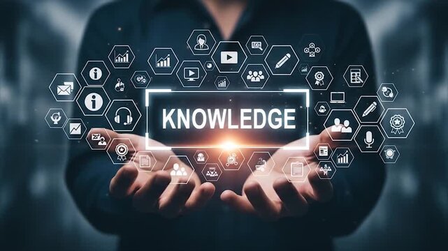 Hands holding glowing knowledge concept with digital icons and network background
