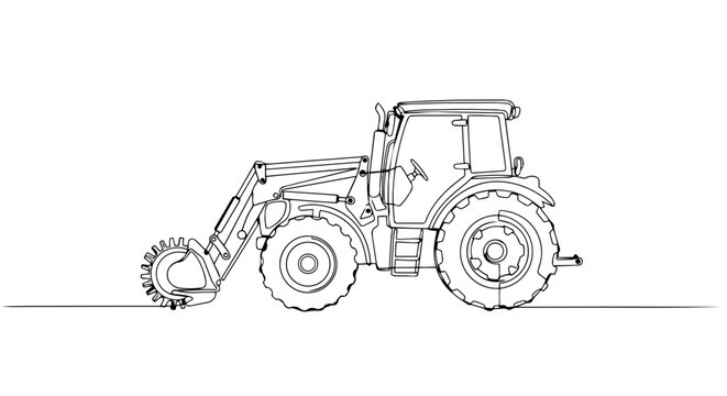 Continuous one line drawing of a tractor with a front trencher attachment. Agricultural and construction machinery. Minimalist vector illustration