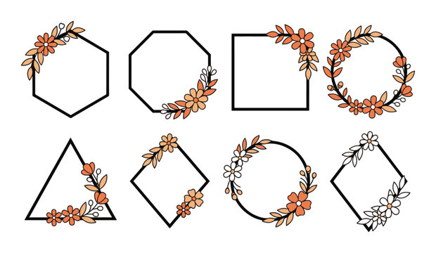A collection of eight geometric frames decorated with hand drawn floral and botanical elements