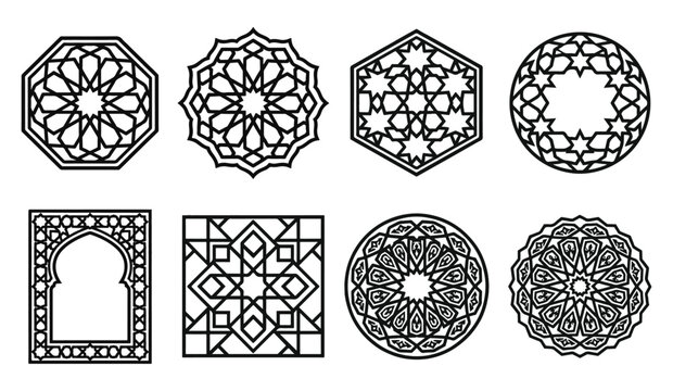 A collection of eight distinct geometric patterns inspired by traditional islamic art designs