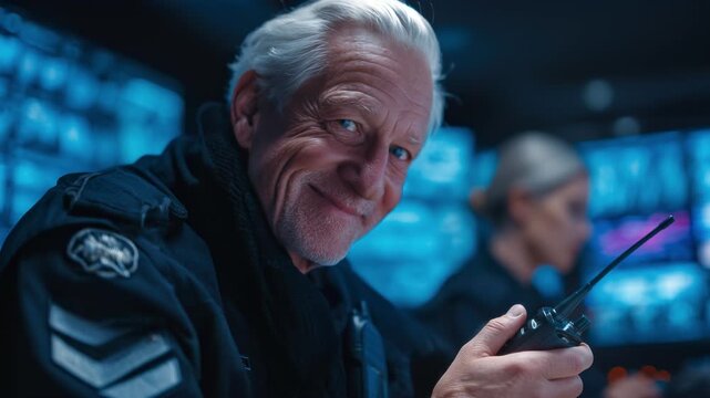 Focused senior police sergeant communicates via radio in high-tech control room. Urgent situation, professional response. Serious expression, intense concentration. Command center, security operation.