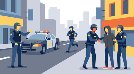 Police officers apprehending a suspect on an urban street with patrol car © Mountain Top Studio