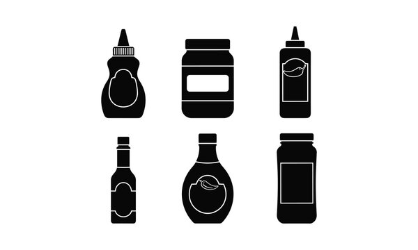 Six iconic condiment containers displayed in black and white silhouette style
