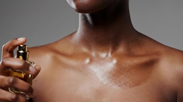 Close-up of a dark-skinned woman applying luxury perfume to her neck and collarbone from a gold-capped glass bottle, isolated on a neutral grey background for beauty and fragrance.
