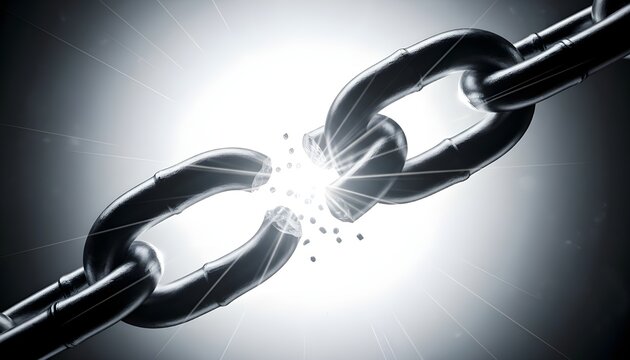 A broken chain link with a bright light shining through the broken part, symbolizing freedom and liberation from constraints and bonds