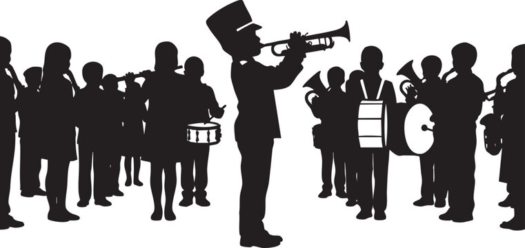 Silhouette of a marching band playing instruments on a white background