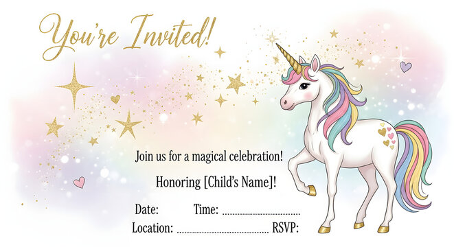 Unicorn birthday invitation card with rainbow mane and stars, magical celebration template .Generated-AI