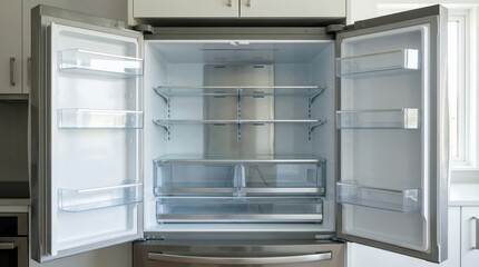 Fototapeta premium Open double door refrigerator interior in modern kitchen