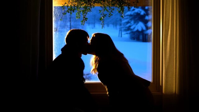 People silhouette of two kissing rhythmically beneath a sprig of mistletoe hanging from a window featuring couple, kiss, romantic with love and