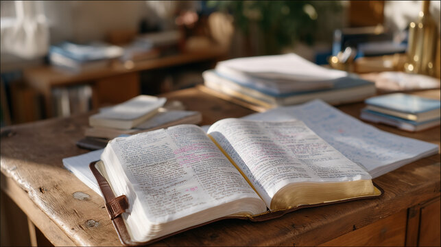 Journal pages filled with crossed out scripture notes and questioning annotations on weathered desk, theological deconstruction and belief examination process, perfect for faith questioning, persona