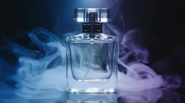 Square glass perfume bottle with clear liquid and cap, positioned on a reflective surface with cinematic blue and purple mist effects against a dark studio background.