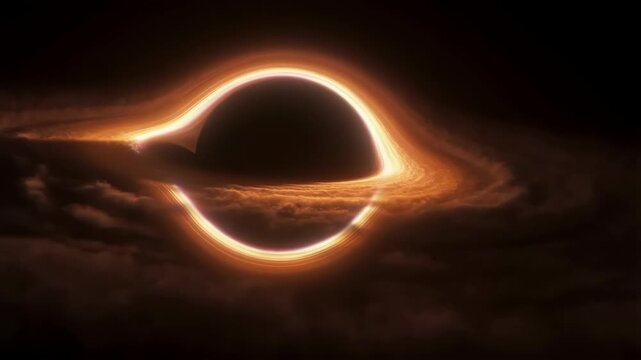 Black hole with glowing orange accretion disk in space, surrounded by dark clouds featuring galaxy, universe, cosmos with astronomy and astrophysics