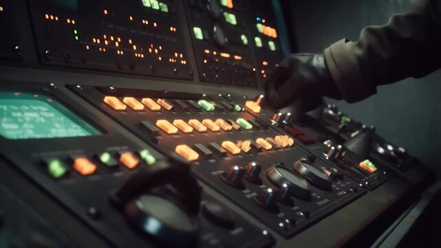 Control panel industrial with buttons and dials lit up in orange green, hand adjusting settings. featuring interface, technology, machinery with