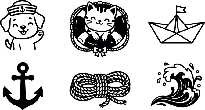 Cute sailor dog cat in lifebuoy paper boat anchor rope and wave icons black line art