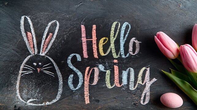 Chalkboard illustration featuring a bunny and the text "Hello Spring" with pink tulips and a pastel egg, symbolizing the arrival of the spring season