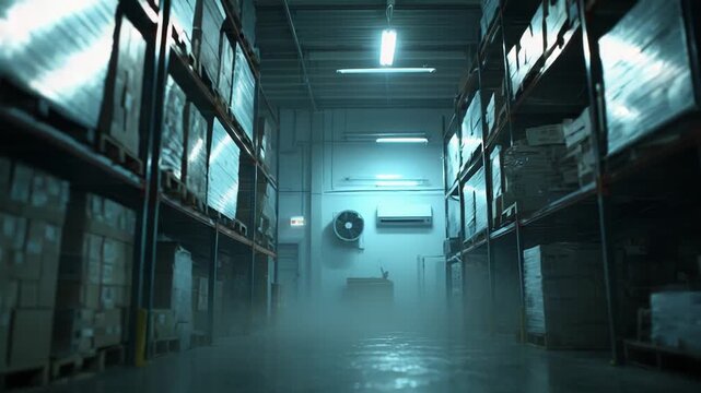 Warehouse interior with towering racks and stacked pallets of boxes under blue tinted low light, creating a cold, mysterious, long perspective industrial storage scene