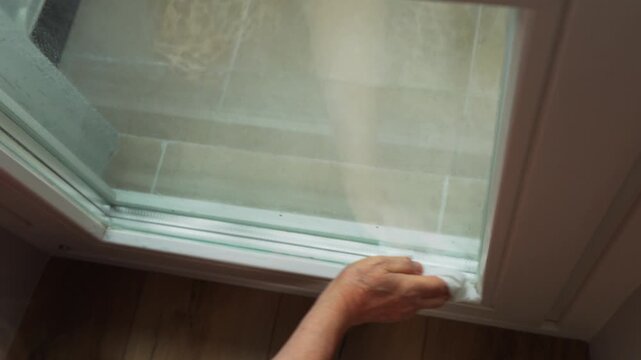 A person stands near a window in a home. They use a squeegee to clean the glass