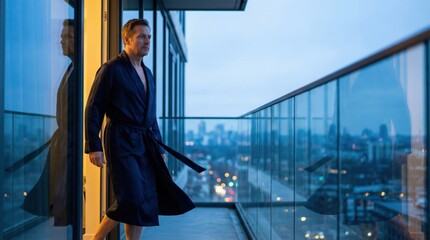 Naklejka premium Man standing on balcony wearing robe overlooking city skyline