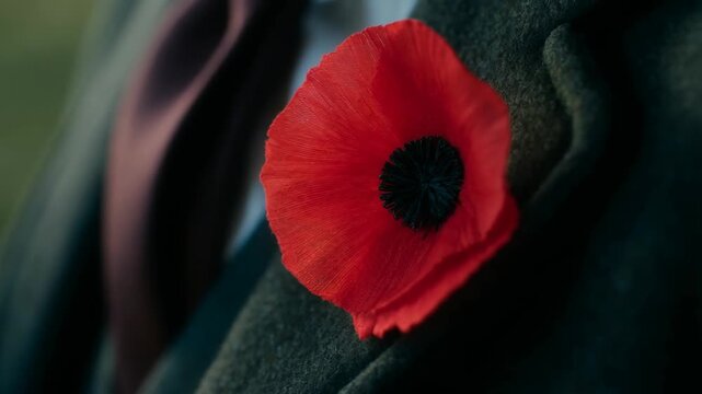 Poppy pin being fastened onto a dark wool lapel with individual fabric fibers visible featuring close-up, extreme closeup, remembrance day with